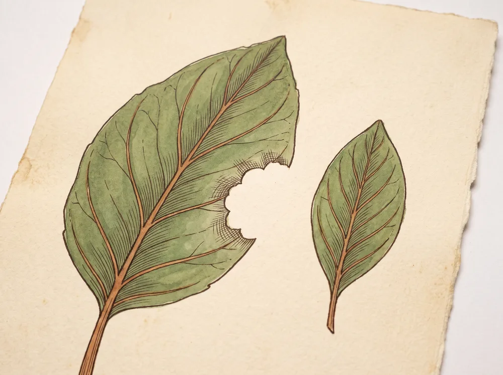 Field-guide illustration comparing an intact leaf with a leaf missing a crescent-shaped bite from its edge