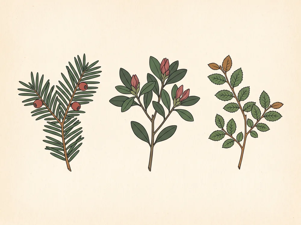 Field-guide illustration of three sprigs side by side: yew with red arils, azalea, and Chinese elm