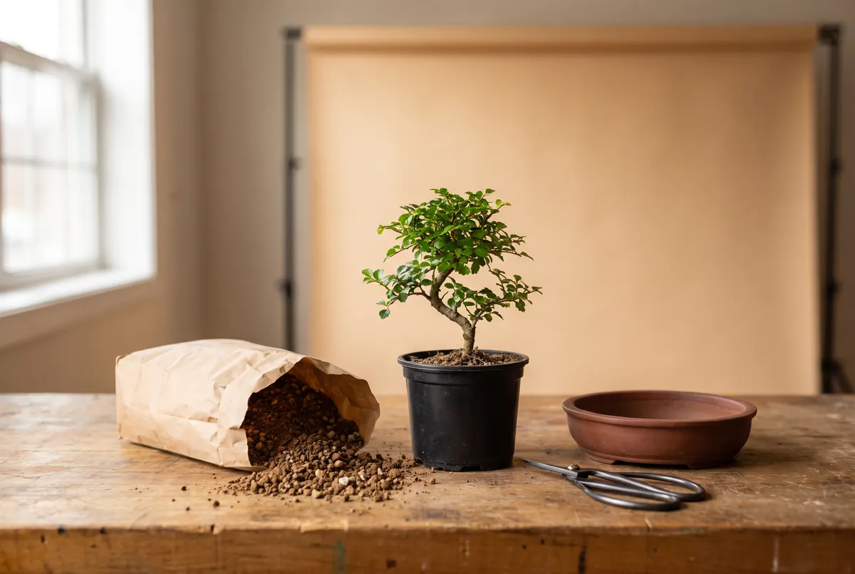 A starter bonsai tree, bag of gritty soil, single pair of shears, and one empty shallow pot arranged on a workbench