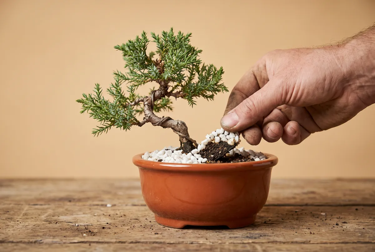 Hand peeling a crust of glued white gravel off the soil of a small juniper bonsai in an inexpensive pot