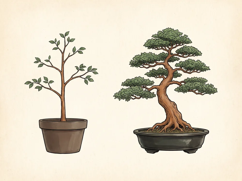 Field-guide illustration of two same-height Chinese elm bonsai, one young and thin-trunked, one aged with a thick tapering trunk and dense canopy