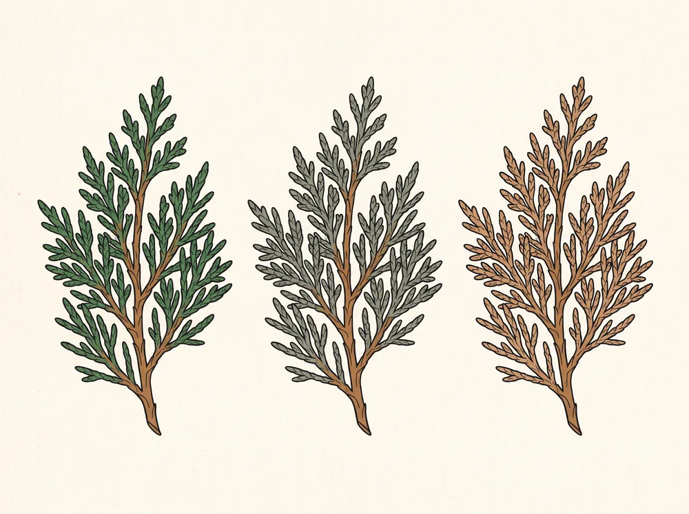 Field-guide illustration of three identical juniper sprigs fading left to right from green through gray-green to brown