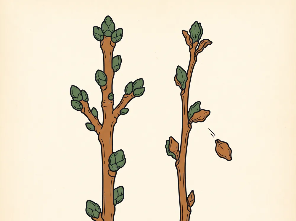 Field-guide illustration comparing a bare twig with plump healthy buds to a dead twig with shriveled buds, one bud falling off