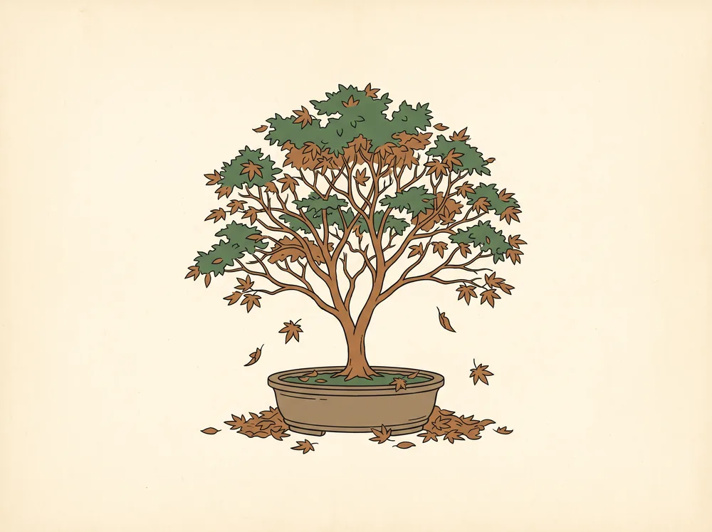 Field-guide illustration of a Japanese maple bonsai shedding copper autumn leaves, revealing bare fine branches