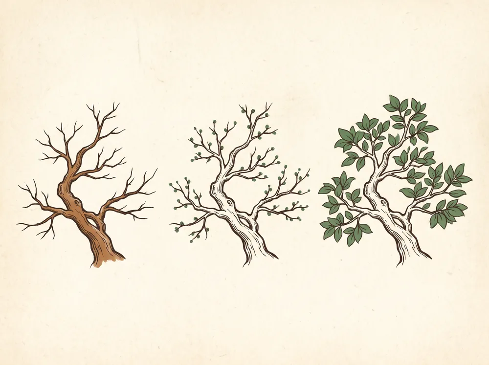 Field-guide illustration of the same bonsai branch in three stages: bare, budding, and fully leafed out