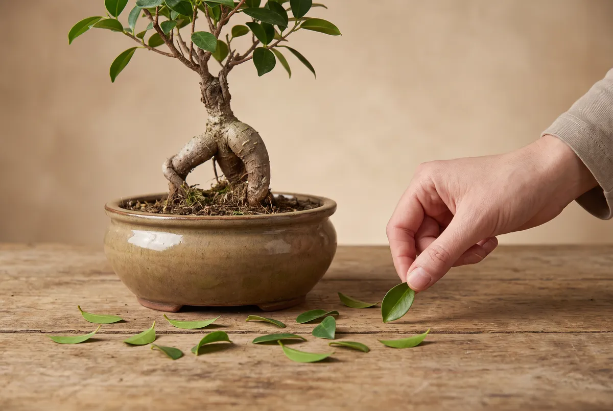 Green fallen leaves scattered around the base of a ficus bonsai on a wooden workbench, with a hand picking one up