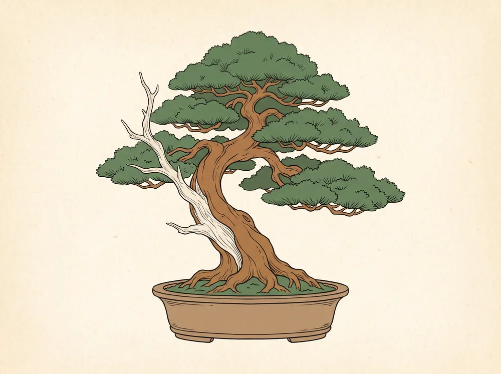 Field-guide illustration of an ancient specimen bonsai pine with a gnarled trunk, deadwood branch, and dense foliage pads in a shallow pot