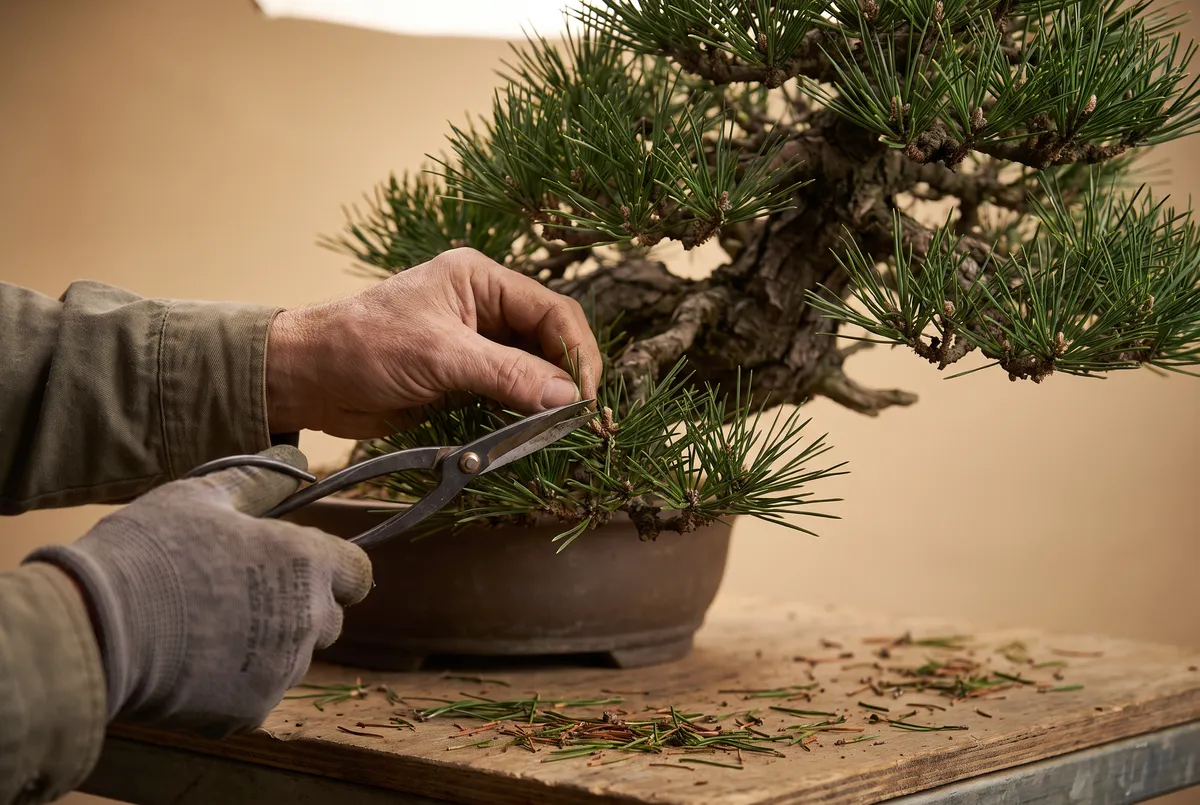 Hands detail-pruning a mature bonsai foliage pad with fine scissors over a wooden workbench