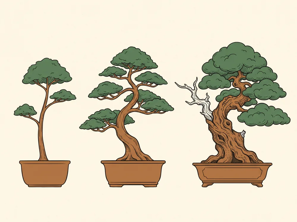Illustration of three bonsai of the same species in a row, progressing from young starter to refined tree to ancient specimen