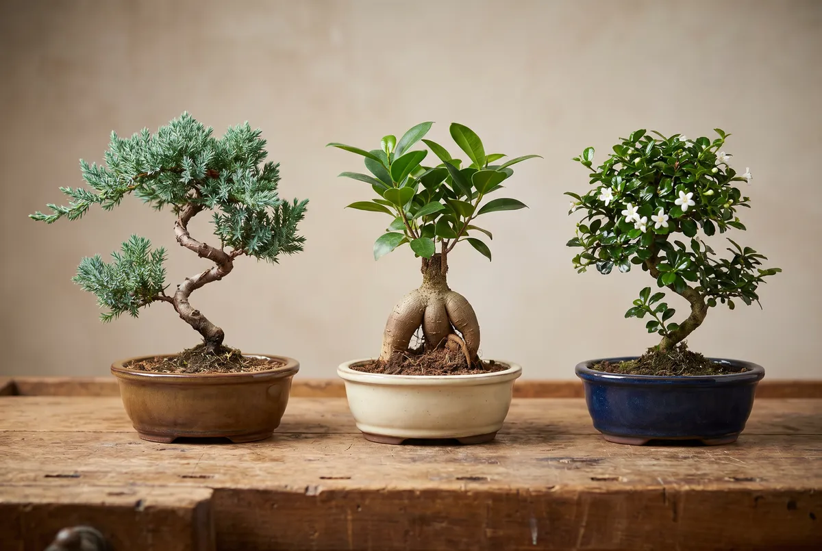 Three small bonsai trees side by side on a workbench: a needled juniper with a curved trunk, a ginseng ficus with a fat bulbous root base and glossy leaves, and a fukien tea with fine dark leaves and small white flowers