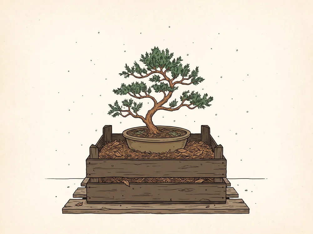 Field-guide illustration of a juniper bonsai whose pot sits inside a wooden crate filled with mulch, the crate raised on slats against a wall with light snow falling