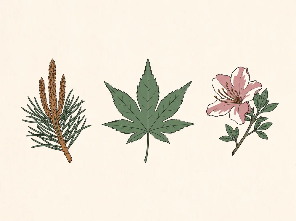 Field-guide illustration of a pine branch with candles, a Japanese maple leaf, and an azalea bloom on cream paper