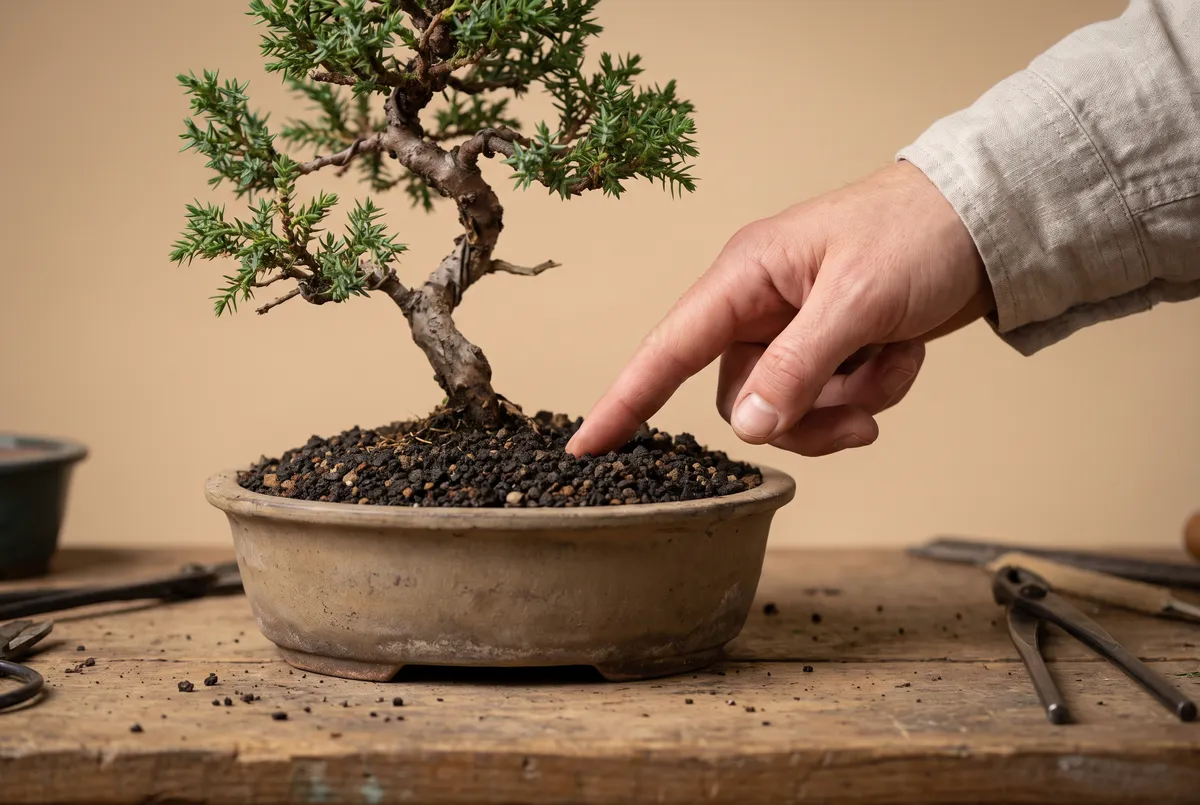 A fingertip testing soil moisture in a small bonsai pot on a wooden nursery workbench