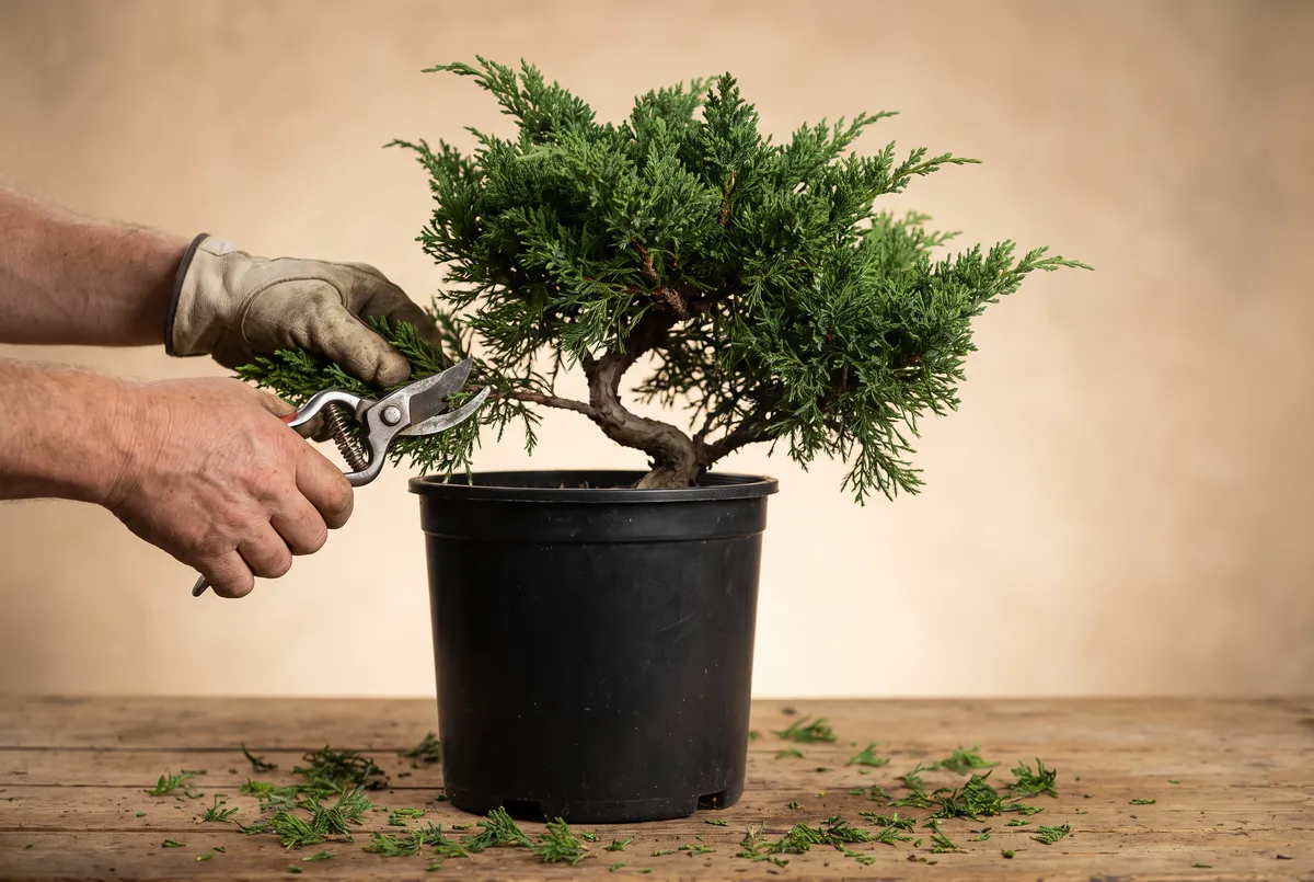 Hands pruning a bushy nursery juniper with shears, revealing a curved trunk line, clippings on the bench