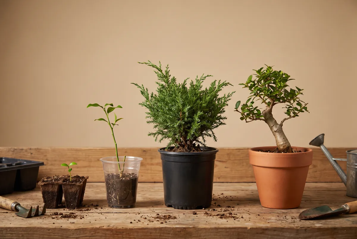 Four plants on a wooden workbench showing stages from seedling to rooted cutting to bushy nursery shrub to partly styled pre-bonsai