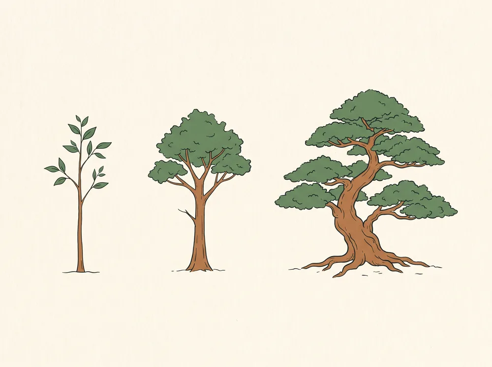Field-guide illustration of one tree at three ages, its trunk thickening and tapering as the canopy fills out