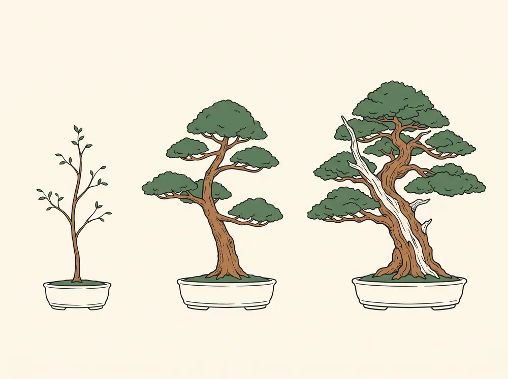 Field-guide illustration of one bonsai drawn at three ages, its trunk thickening from thin sapling to massive ancient specimen
