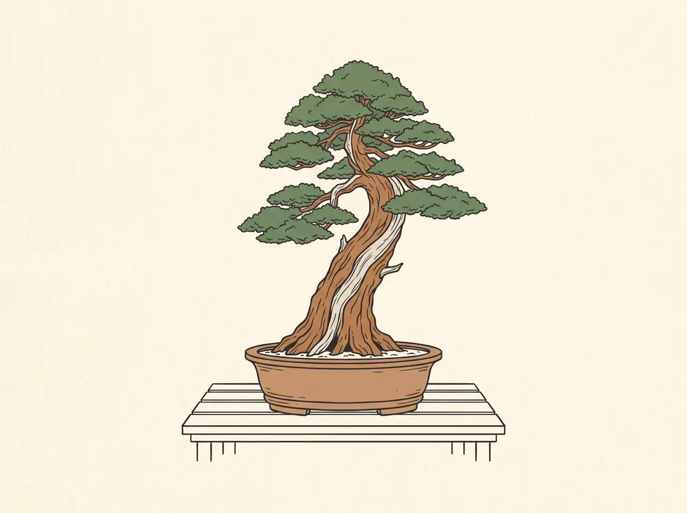 Field-guide illustration of an ancient bonsai with a massive fissured trunk and spiraling deadwood in a shallow pot