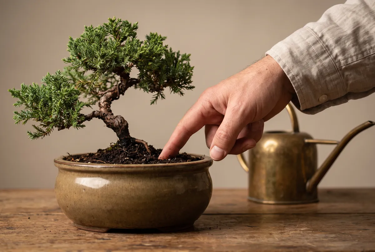 A fingertip testing the soil moisture of a small bonsai on a workbench, watering can blurred behind it