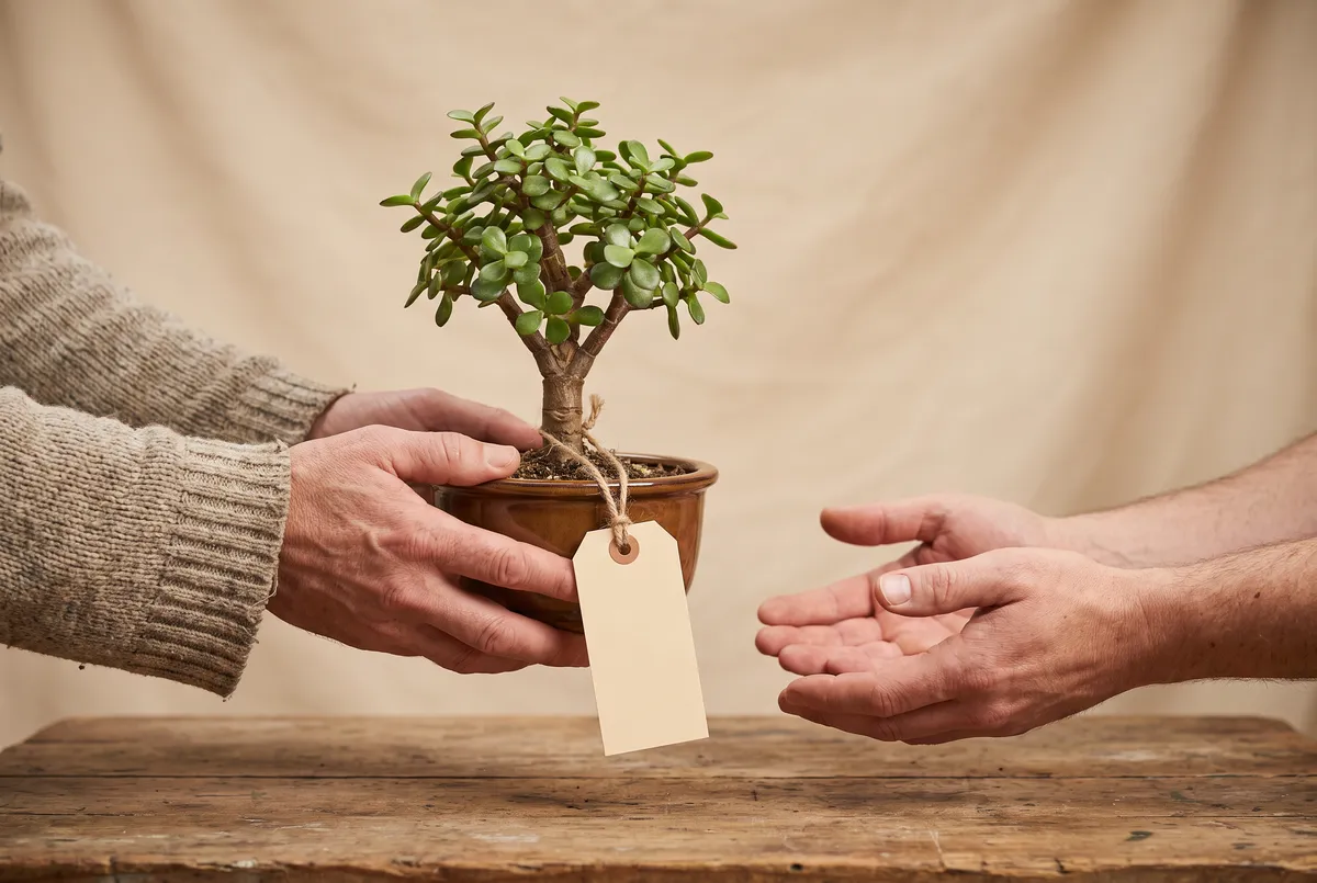 Two pairs of hands exchanging a small jade bonsai in a ceramic pot with a blank manila tag tied to it, on a wooden nursery workbench
