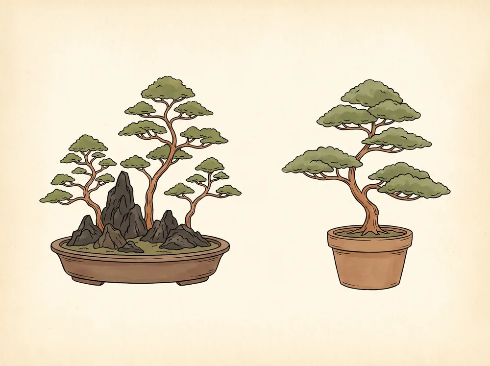 Side-by-side field-guide illustration comparing a Chinese penjing tray landscape with rocks and multiple trees to a single Japanese-style bonsai in a plain pot