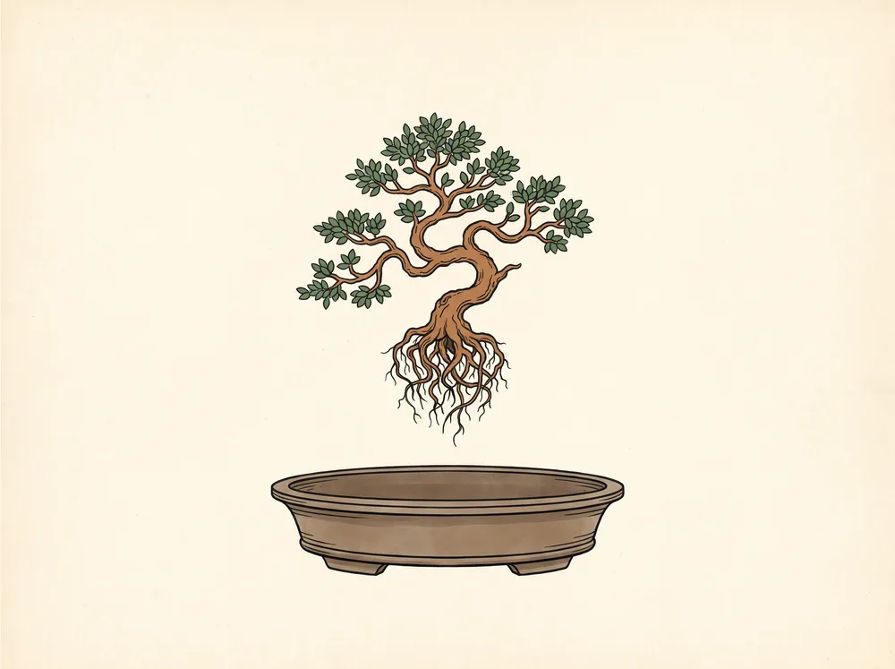 Field-guide illustration of a small tree with exposed roots hovering above an empty shallow bonsai tray, drawn as an exploded diagram