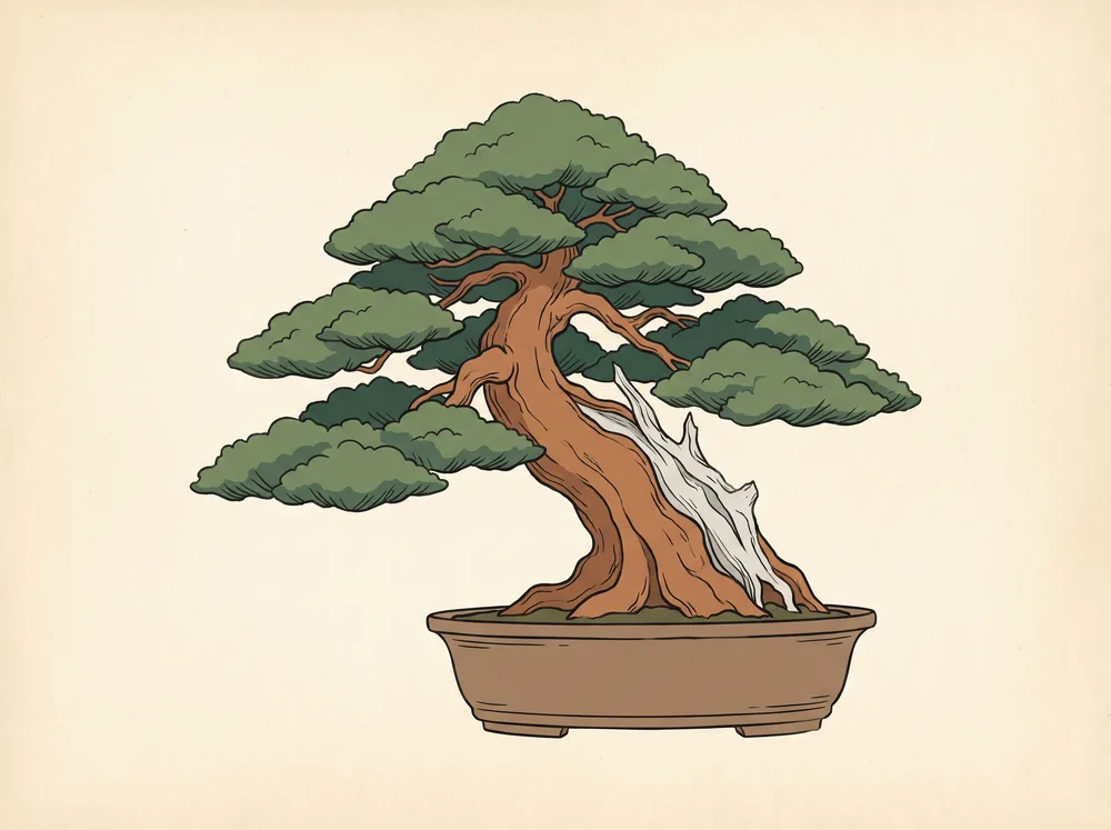 Field-guide illustration of an ancient pine bonsai with a massive tapered trunk, a bleached deadwood flank, and dense layered foliage pads in a shallow pot.