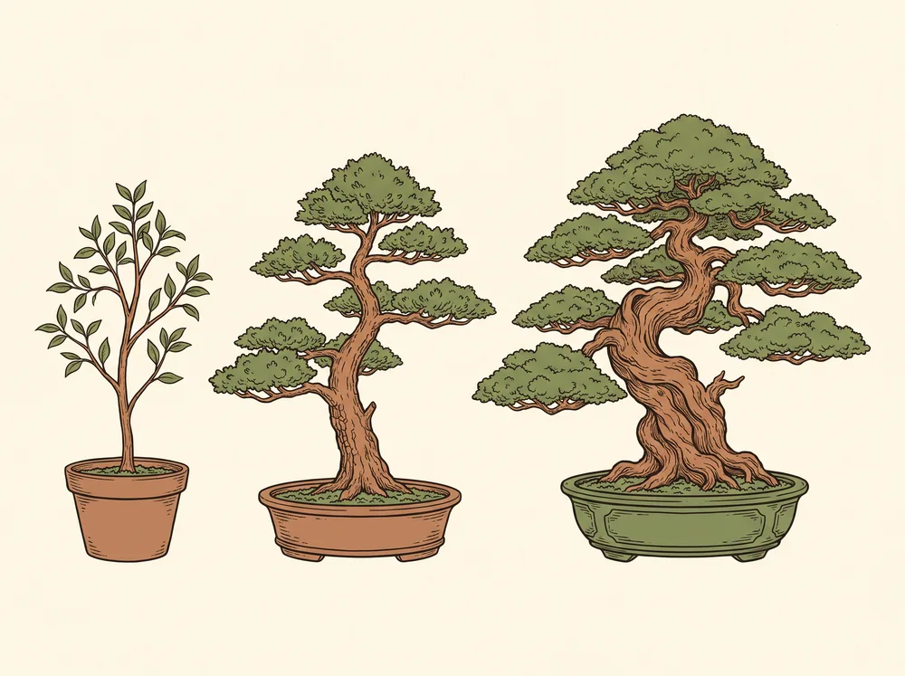 Field-guide illustration of the same bonsai at three ages: young sapling, developing middle-aged tree, and ancient heavy-trunked specimen.