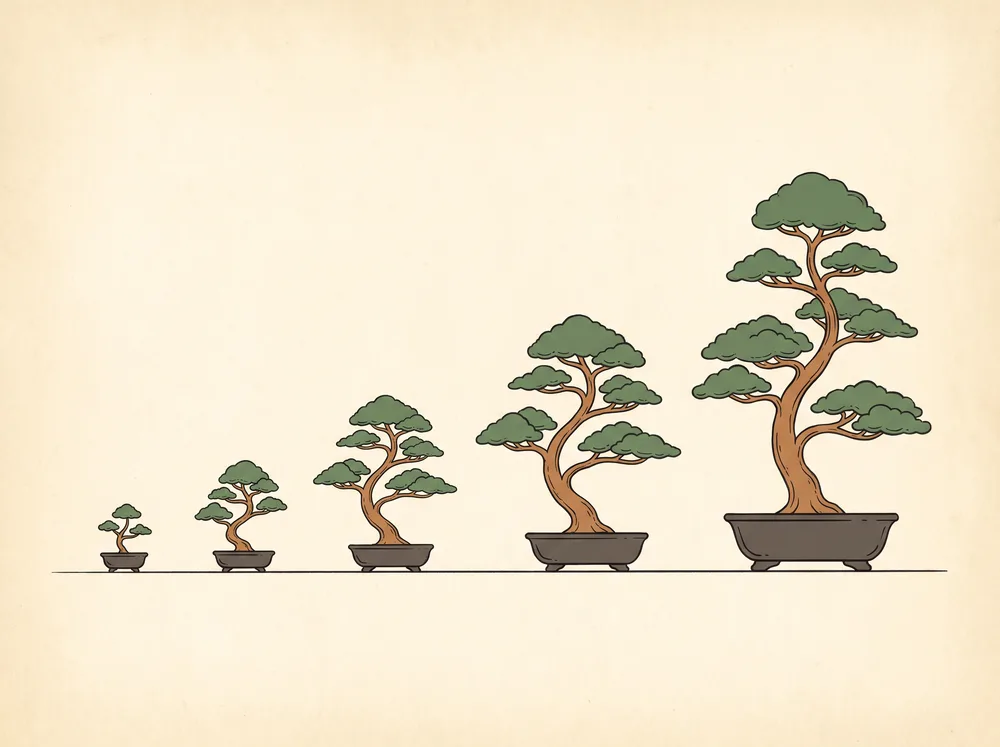 Field-guide illustration of five identically styled bonsai trees arranged in a row from very small to very large.