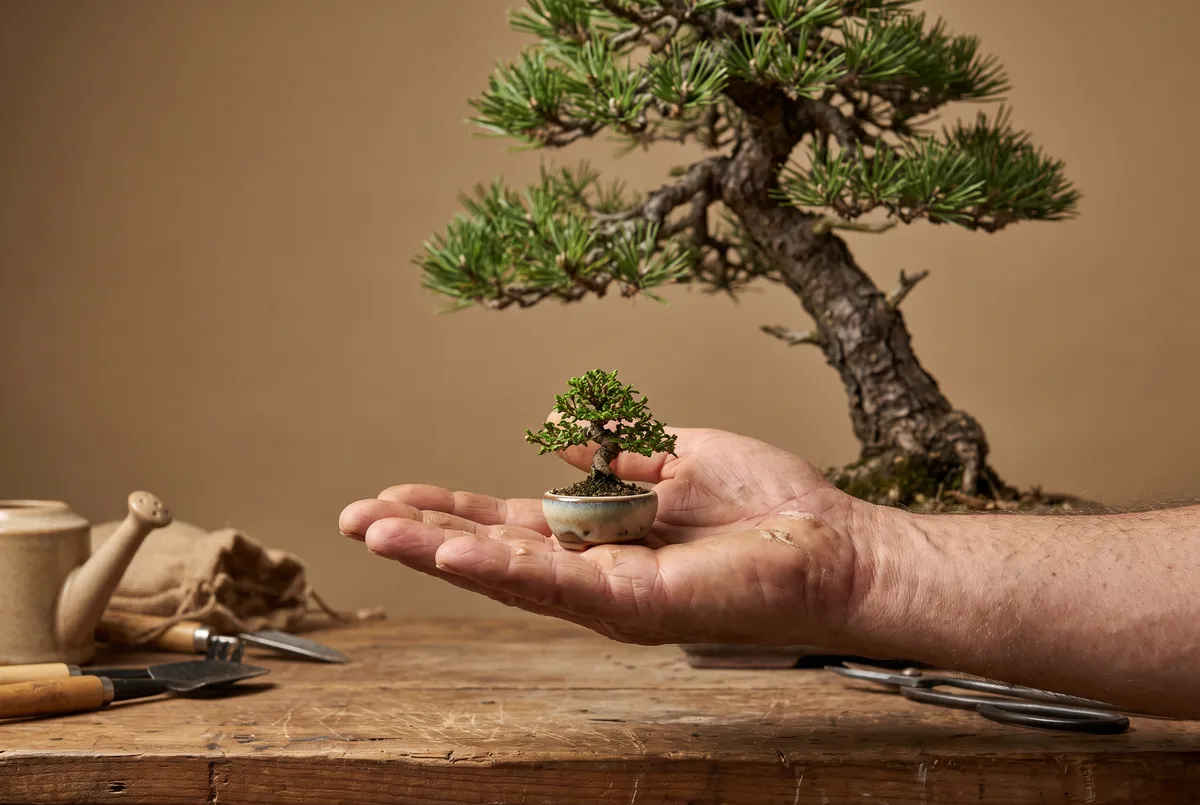 A hand holding a tiny bonsai in a miniature pot, with a much larger bonsai out of focus in the background.