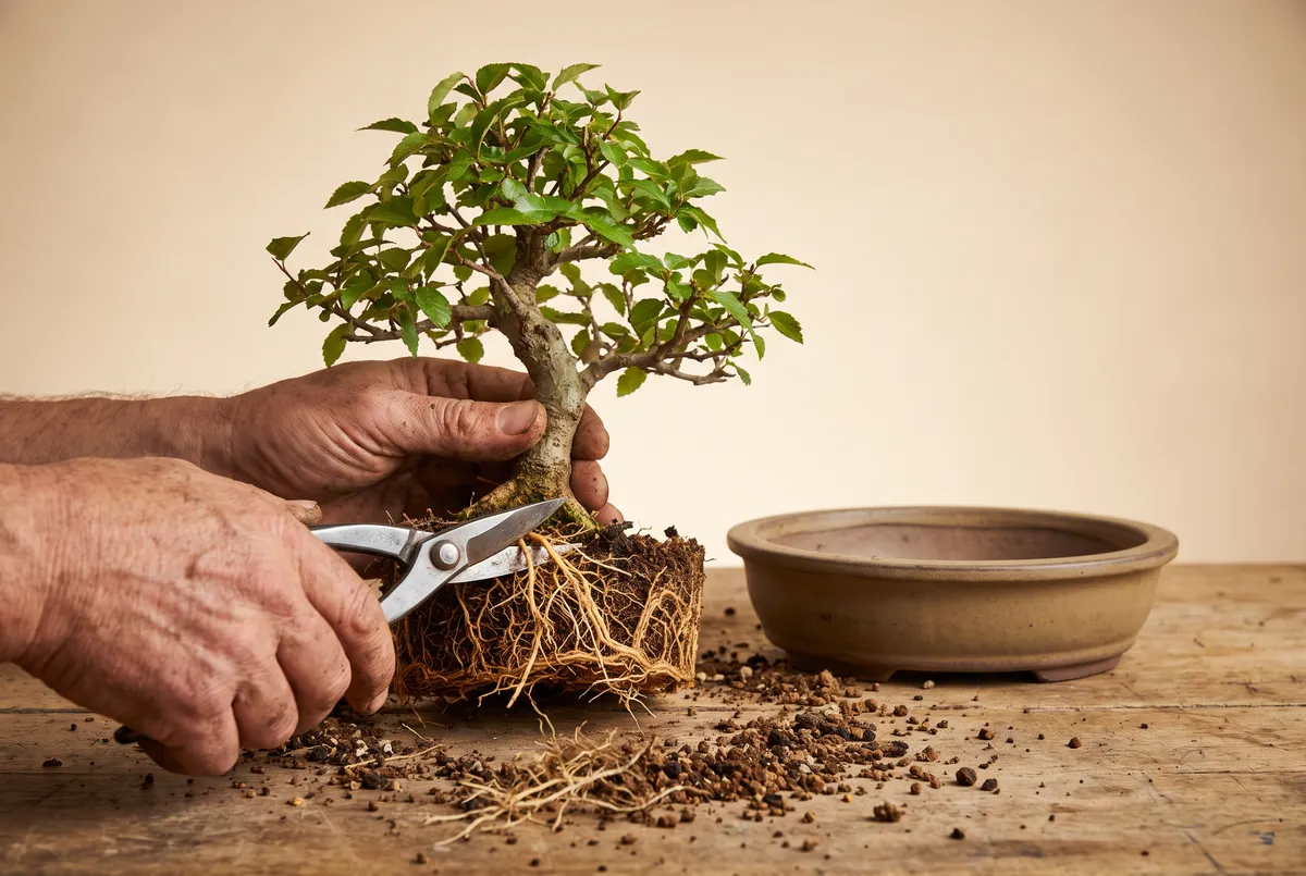 Hands trimming the exposed roots of a small bonsai lying next to its shallow pot on a workbench.