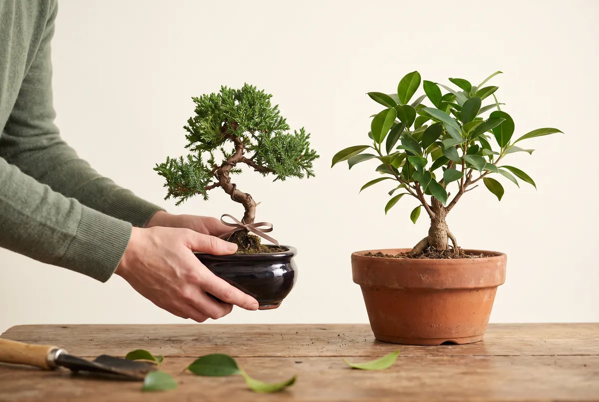 Hands lifting a small juniper bonsai off a workbench while a ficus bonsai remains beside it