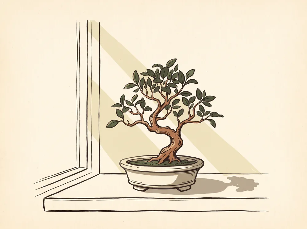 Field-guide illustration of a ficus bonsai on a windowsill with slanted beams of light falling across it