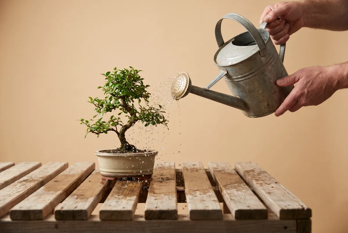 Watering can with fine rose soaking a bonsai as water drains from the pot's holes onto the bench