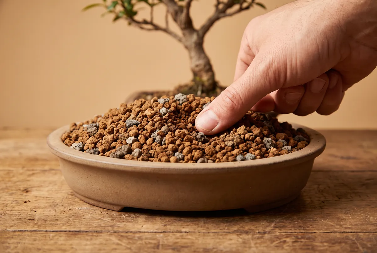 Fingertip pressed half an inch into gritty bonsai soil in a shallow ceramic pot