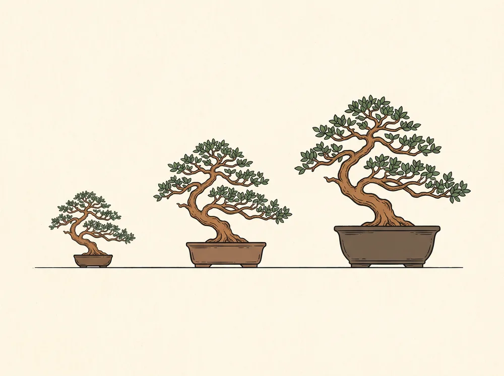 Field-guide illustration of three identical bonsai in small, medium, and deep pots