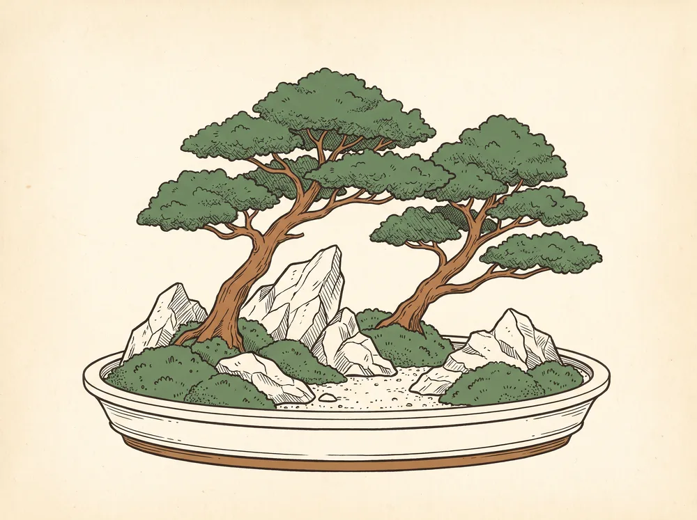 Field-guide illustration of a penjing tray landscape with two small trees among rocks, on cream paper