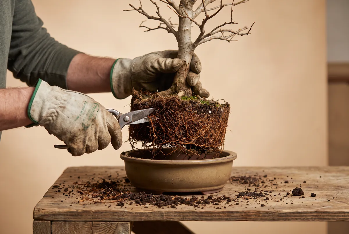 Hands trimming the exposed root ball of a small bonsai above its shallow pot with pruning shears