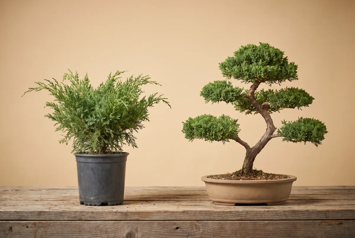 A young juniper in a plastic nursery can next to a shaped juniper bonsai in a shallow ceramic pot on a wooden workbench