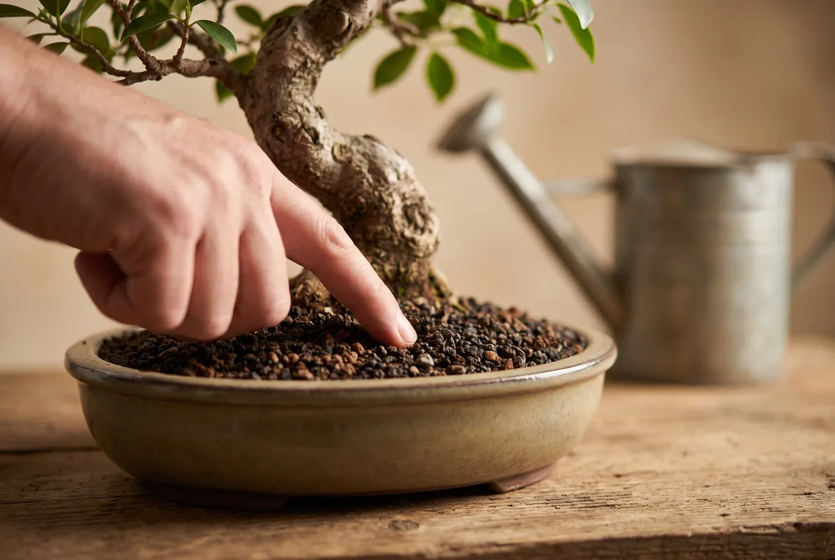 A fingertip pressed half an inch into the soil of a bonsai pot to check moisture