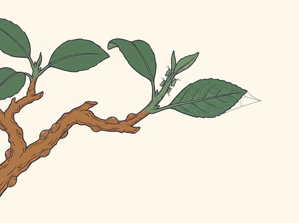 Field-guide illustration of a bonsai branch showing scale insects on bark, aphids on a shoot tip, and spider mite stippling and webbing on a leaf underside