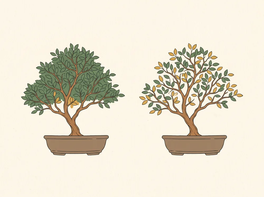 Field-guide illustration of two bonsai trees comparing yellow leaf patterns: a few low inner yellow leaves on a healthy tree versus yellowing spread across the whole canopy